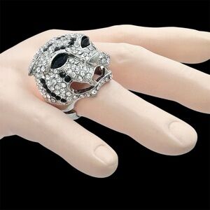 Large Tiger Face Rhinestone Cocktail Stretch Ring